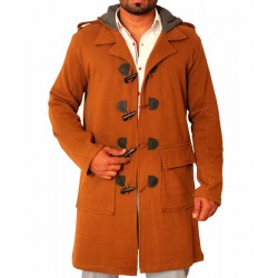 Brown Horn Button Hooded Long Coat